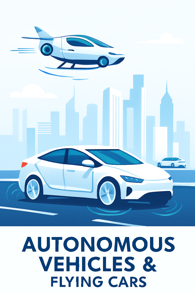Futuristic city with autonomous vehicles and flying cars
